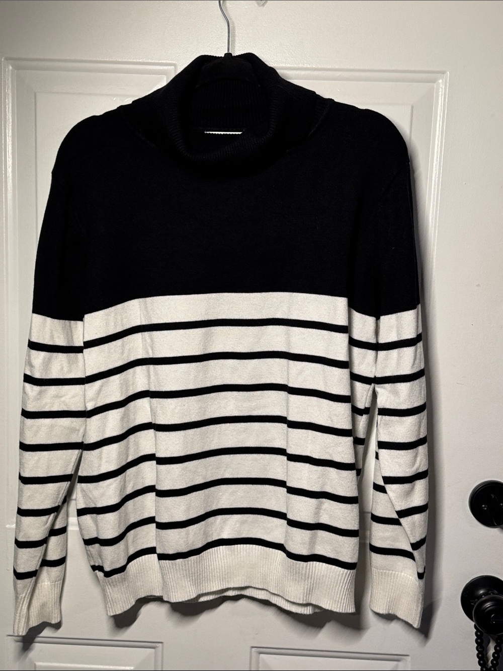 Men's Black and White Striped Turtleneck Sweater